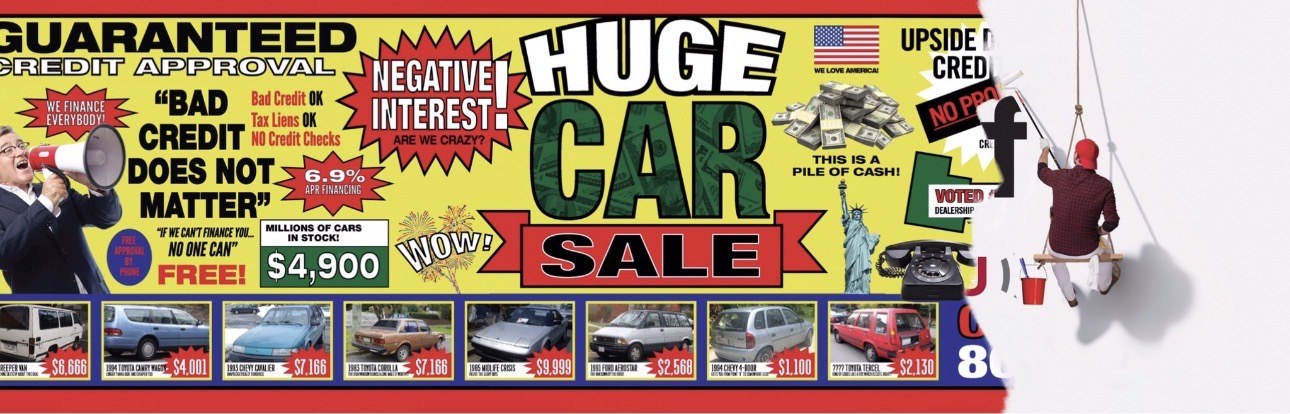 Stage 1 — a painter on a rope starts painting over a loud HUGE CAR SALE dealer billboard