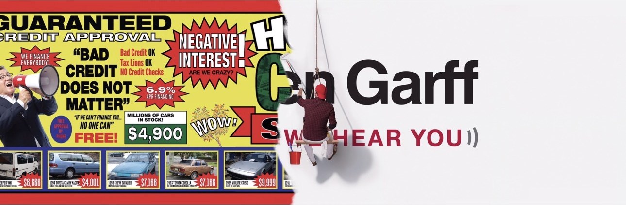 Stage 2 — half the loud ad is painted over, revealing Ken Garff and We Hear You